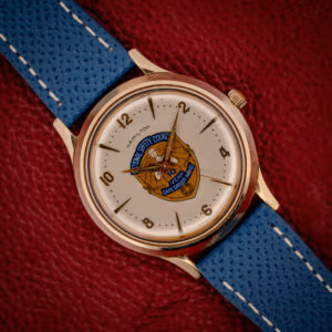 Hamilton Thin-O-Matic in 10k gold filled case with National Safety Council Safe Driver Award dial on a blue leather strap