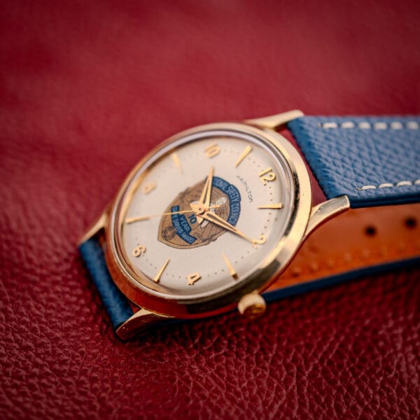 Hamilton Thin-O-Matic three-quarter view with the cream Safe Driver Award dial and signed crown