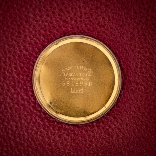Hamilton Thin-O-Matic inner caseback stamped HAMILTON W. Co. LANCASTER PA 10K GOLD FILLED serial S818998