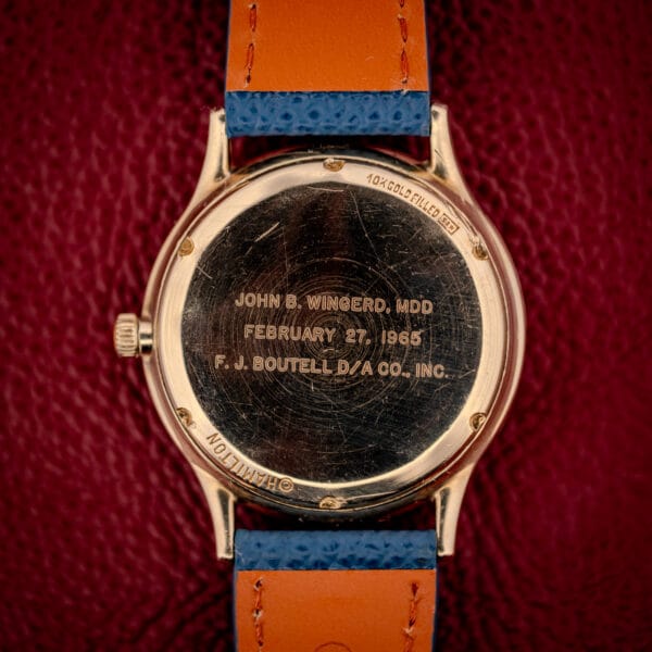 Hamilton Thin-O-Matic caseback engraved John B. Wingerd, February 27 1965, stamped 10K GOLD FILLED