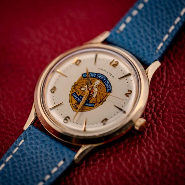 Hamilton Thin-O-Matic 10k gold filled case in three-quarter profile, slim micro-rotor case and signed crown