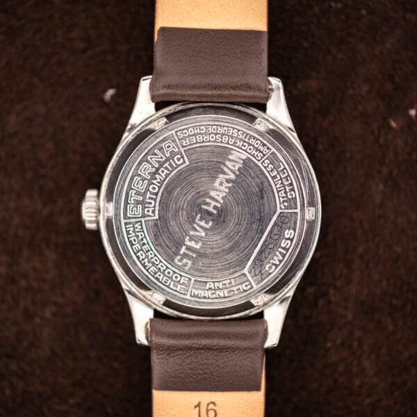 Eterna caseback stamped WATERPROOF IMPERMEABLE ANTI MAGNETIC SWISS ref 2926640, engraved STEVE HARVAN