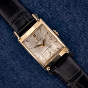 Vintage Omega Tank N-6243 gold filled Art Deco case with cream patinated dial on black leather strap