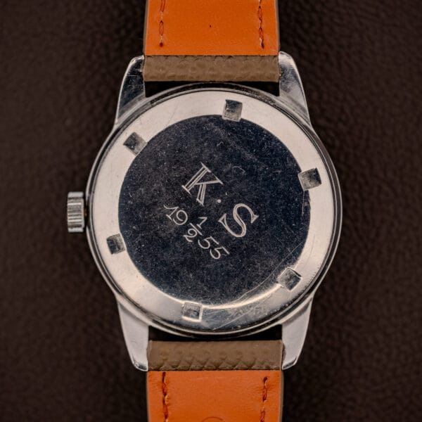 Tissot 6769 stainless steel caseback hand-engraved with the initials K.S and the year 1955