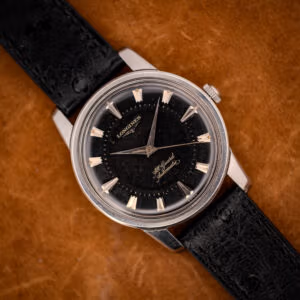 Longines All Guard ref. 9006-1 black gilt dial on black ostrich strap, front view