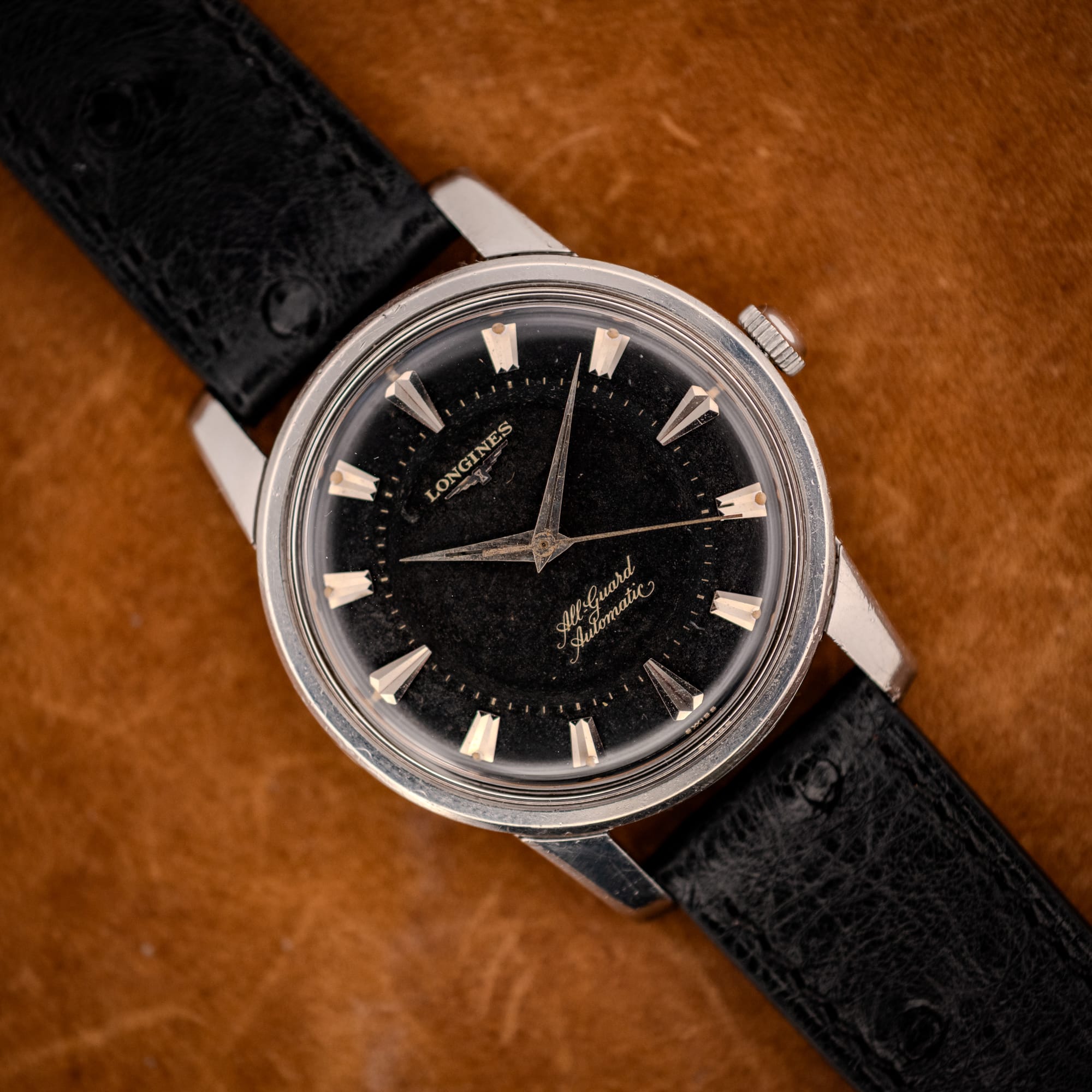 DSCF4026 Longines All Guard ref. 9006-1 black gilt dial on black ostrich strap, front view
