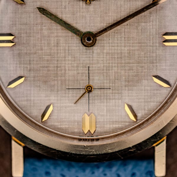 Longines 1116 lower dial close-up with sub-seconds register and SWISS printing at six o'clock
