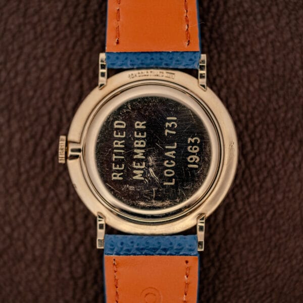 Longines 1116 gold filled caseback engraved RETIRED MEMBER LOCAL 731 1963, a union retirement presentation
