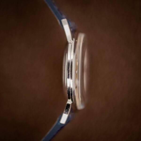 Longines mystery dial slim 14k white gold case profile with domed crystal