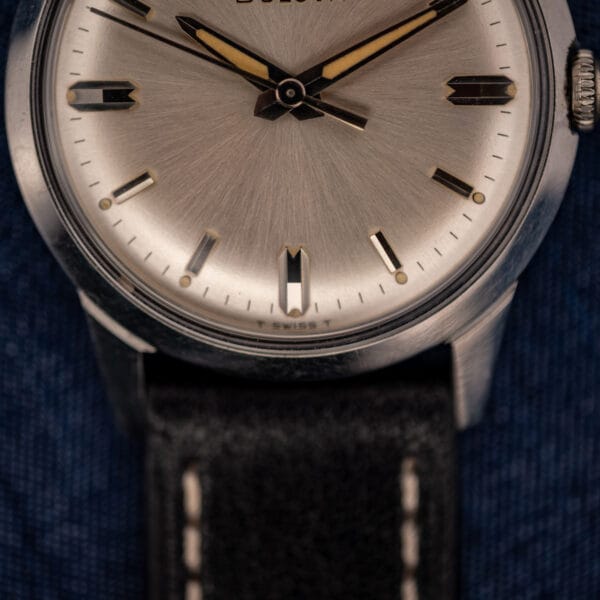 Vintage Bulova dial lower half reading T SWISS T tritium marking with signed crown and black leather strap