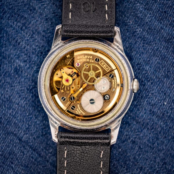 Bulova caliber 11BLC seventeen-jewel manual wind movement signed BULOVA WATCH CO on a gilt bridge