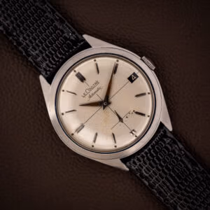 Vintage LeCoultre Automatic E329 cream cross-hair dial, date at three and sub-seconds at six, on black strap