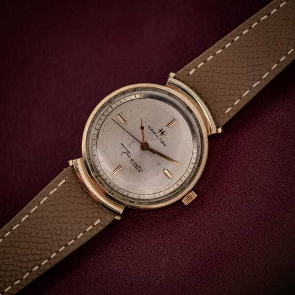 Vintage Hamilton Thin-O-Matic T-406 on mud grey leather strap with contrast stitching and OTTUHR signed buckle