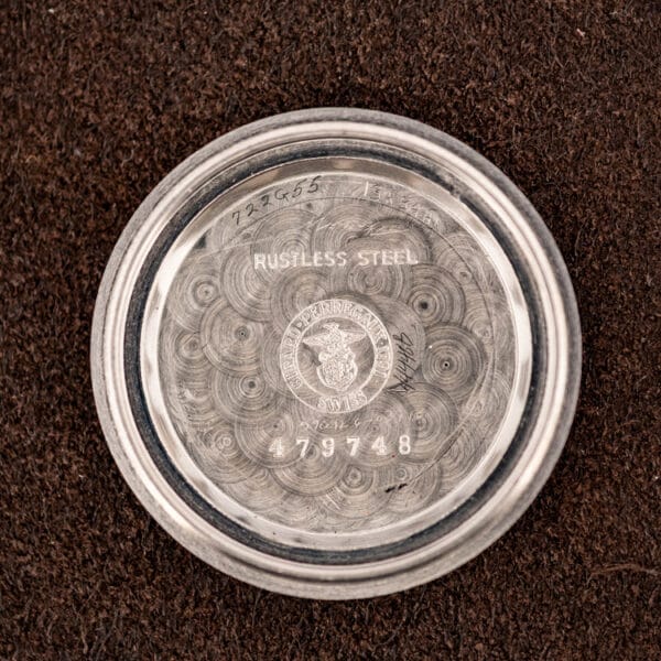 Girard-Perregaux inner caseback stamped RUSTLESS STEEL with eagle crest and serial 479748