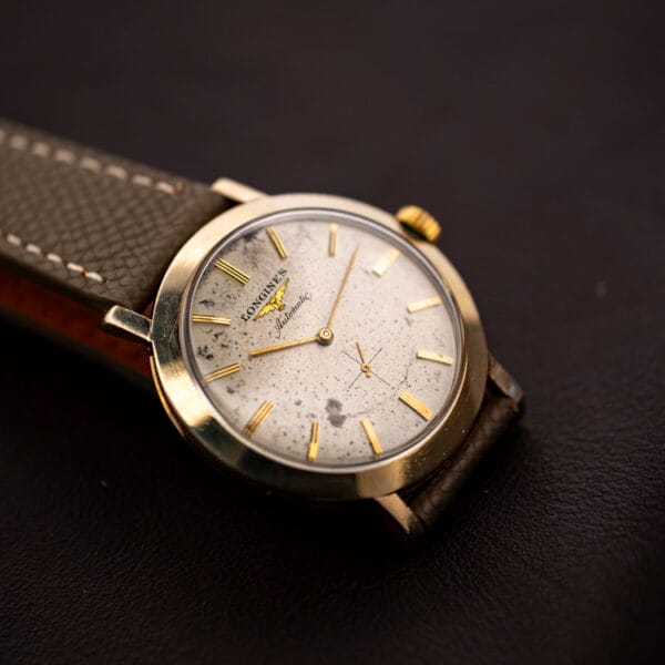 Longines Automatic 2264-1 dial detail, crosshair small seconds register and fluted gold batons, gold filled case