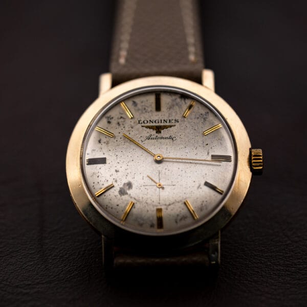 Longines Automatic 2264-1 front view, grey speckled silver dial, applied gold batons, small seconds, gold filled case