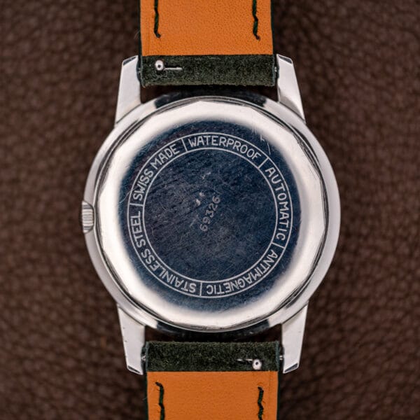 Bucherer 6232 steel caseback stamped SWISS MADE WATERPROOF AUTOMATIC ANTIMAGNETIC STAINLESS STEEL, case number 69326