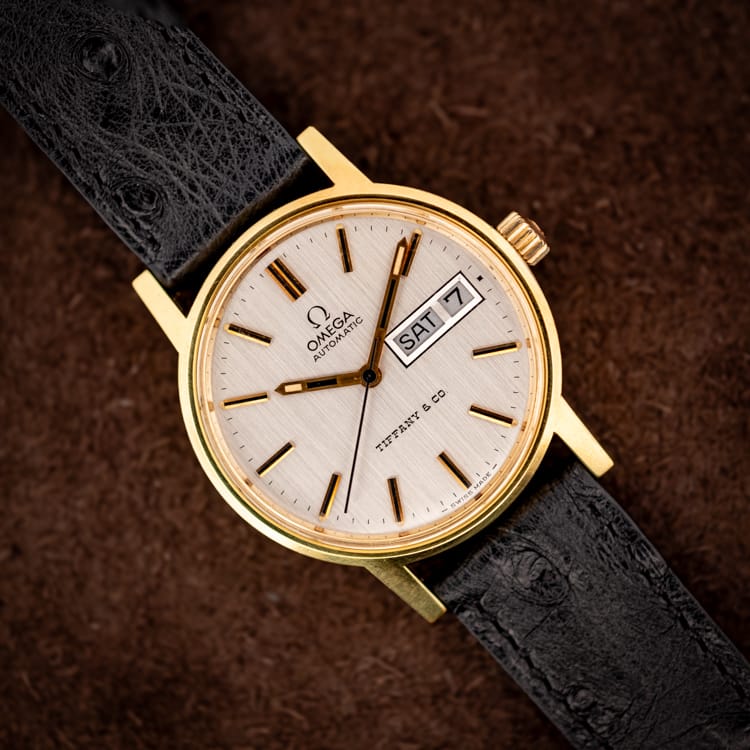 DSCF4404 Vintage Omega automatic reference 166.0117 with a Tiffany and Co. signed silver dial and day-date on a black ostrich strap