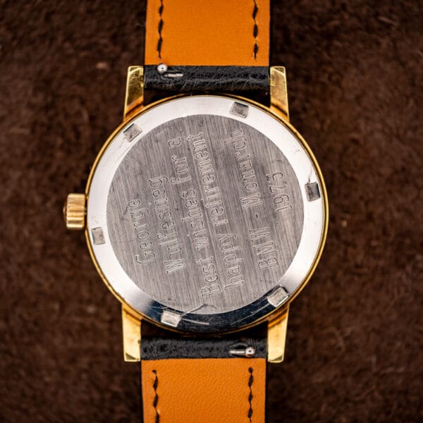 Stainless steel caseback of the Omega hand-engraved as a 1975 retirement presentation gift