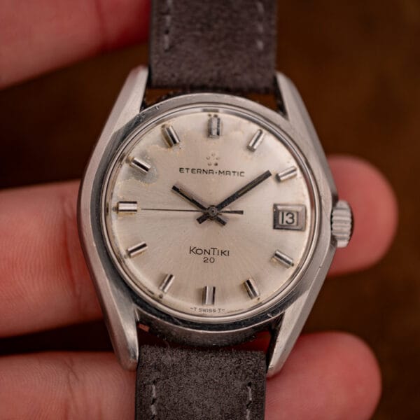 Eterna-Matic KonTiki 20 silver dial with characterful moisture patina, dark baton hands and date window