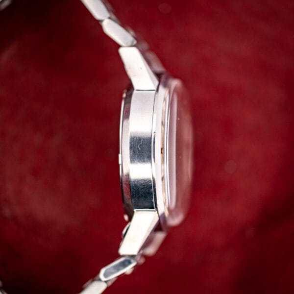 Left case flank of the Bulova Wrist Alarm ref. 773 showing the polished stainless steel profile and lugs