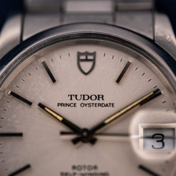 Tudor Prince Oysterdate dial detail with the Tudor shield below twelve and applied baton markers