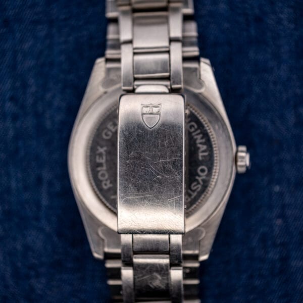 Tudor Prince Oysterdate folding clasp closed with embossed Tudor shield over the Rolex-signed caseback