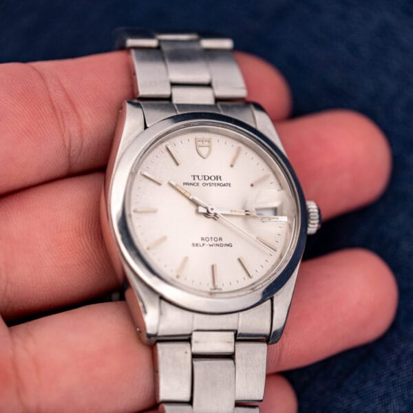 Tudor Prince Oysterdate 74000N in the palm, full silver dial on steel Oyster bracelet