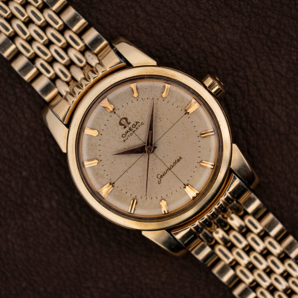 Vintage Omega Seamaster 2848 gold-capped automatic, cream cross-hair dial, on Omega beads-of-rice bracelet