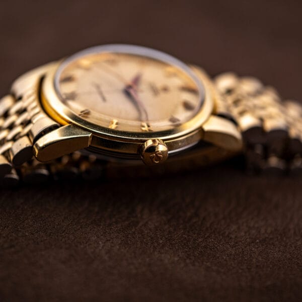 Omega Seamaster 2848 case profile showing domed crystal and crown signed with the Omega symbol