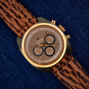 Omega Seamaster 145.029 gold-plated chronograph with warm mocha sunburst dial on brown sharkskin strap, top view
