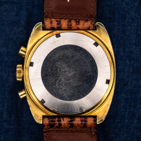 Omega Seamaster 145.029 steel caseback engraved with the Seamaster seahorse hippocampus medallion, honest wear