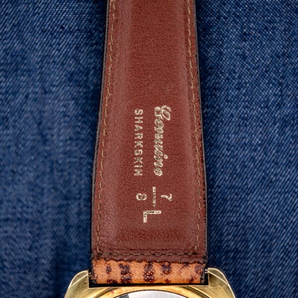Omega sharkskin strap underside stamped Genuine SHARKSKIN with size markings, original band for the 145.029