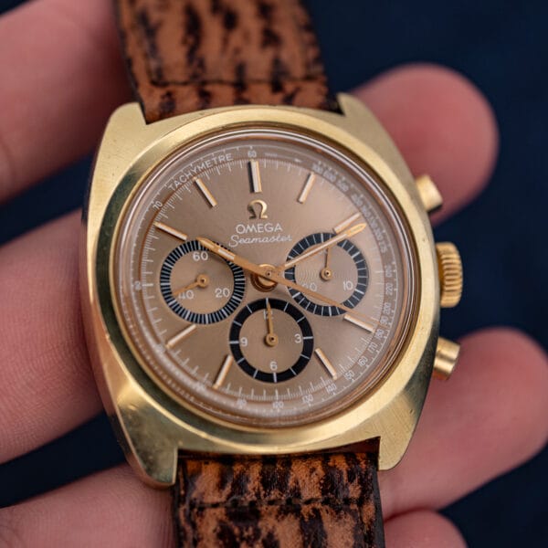 Omega Seamaster 145.029 chronograph held in hand, mocha dial, tachymeter scale and gold-plated case