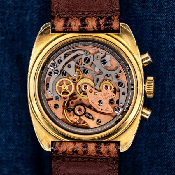 Omega caliber 861 manual-wind chronograph movement in the Seamaster 145.029, cam-switched with copper-toned bridges