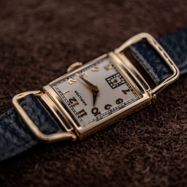 Hamilton Wilshire rectangular case from the opposite angle, applied gold numerals and Art Deco minute track