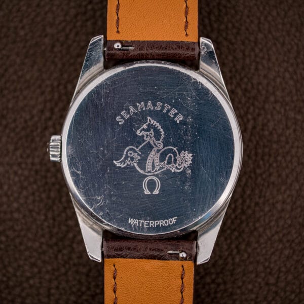 Omega Seamaster 2937-5 steel screw caseback engraved SEAMASTER seahorse medallion above WATERPROOF
