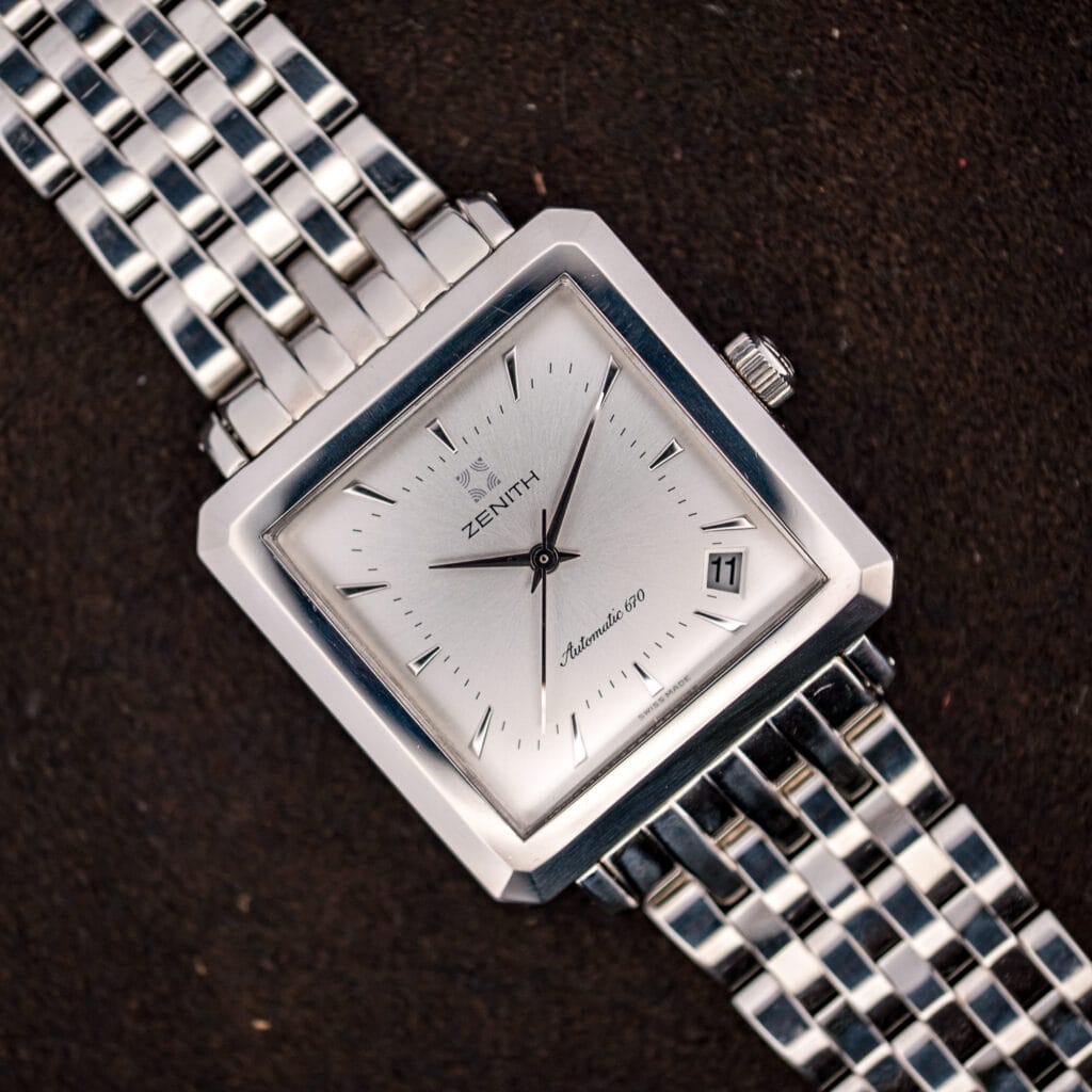 Zenith Elite 670 square steel dress watch with silver sunburst dial, front view