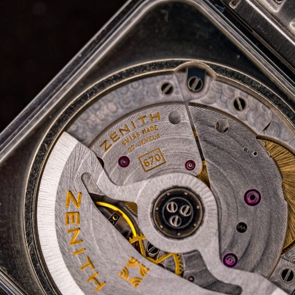 Zenith Elite 670 movement detail showing 27 jewels and perlage finishing
