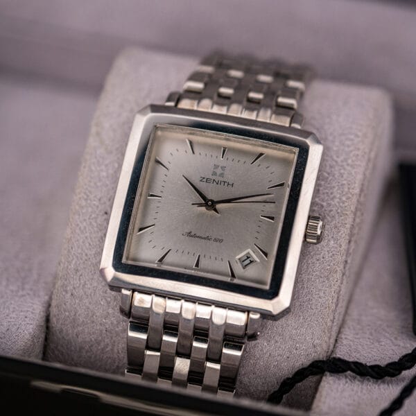 Zenith Elite silver sunburst dial and dauphine hands, front view
