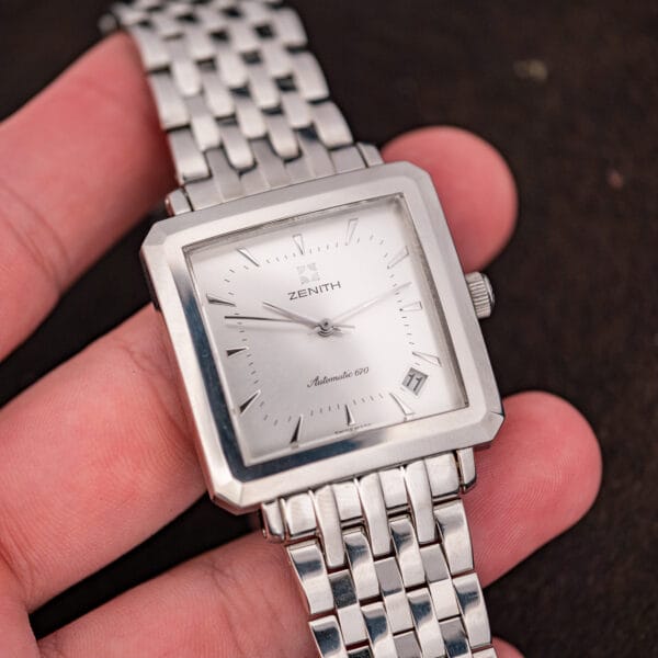 Zenith Elite 670 square steel watch, three-quarter front view