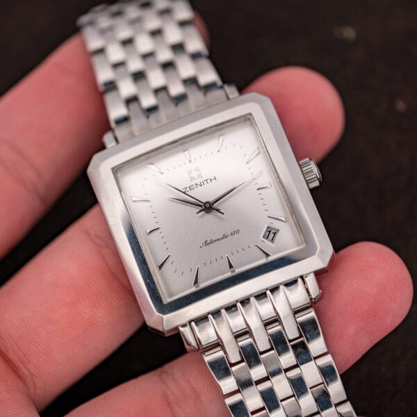 Silver dial Zenith Elite with date at three, angled front view