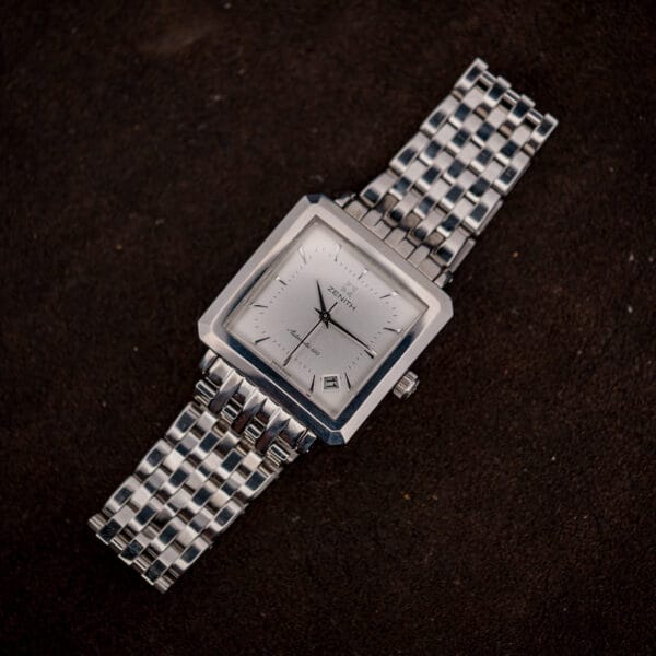Zenith Elite 670 square steel watch and bracelet, top-down view