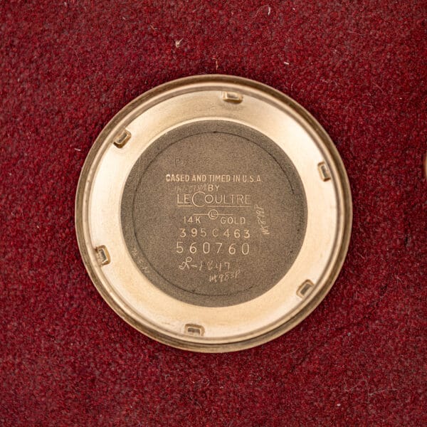 LeCoultre Master Mariner inner caseback stamped CASED AND TIMED IN U.S.A. BY LeCoultre, 14K GOLD, reference 395 C 463