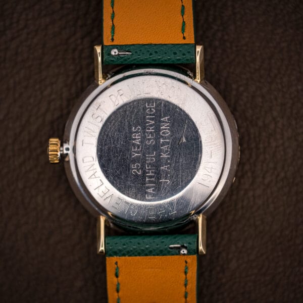 Omega 14765 steel caseback engraved THE CLEVELAND TWIST DRILL CO 25 YEARS FAITHFUL SERVICE J A KATONA 1941 to 1966