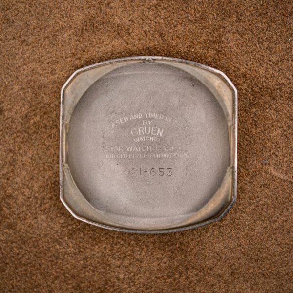 Gruen inner caseback stamped CASED AND TIMED IN U.S.A., STAR WATCH CASE CO, 10K GFD BEZEL GUILDITE BACK, 421-653