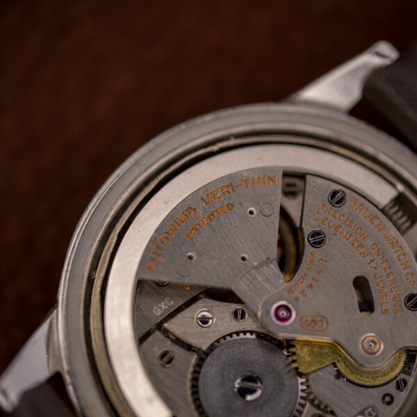 Detail of the Autowind Veri-Thin Patented engraving on the Gruen 460 movement and winding assembly.