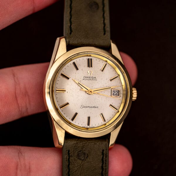 Omega Seamaster 166.010 held in hand for scale, gold capped case framed by the olive ostrich strap