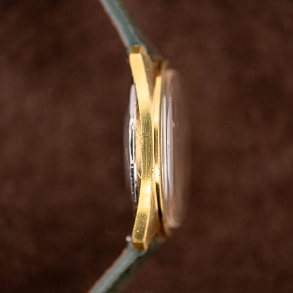 Movado Sub-Sea case flank profile, gold plated bezel meeting the stainless steel back