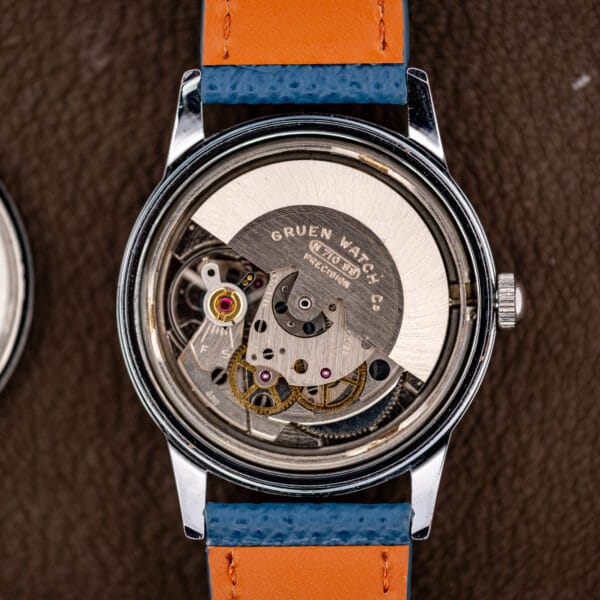 Caseback removed to show the Gruen full-rotor automatic movement engraved Gruen Watch Co. caliber N 710 SS.